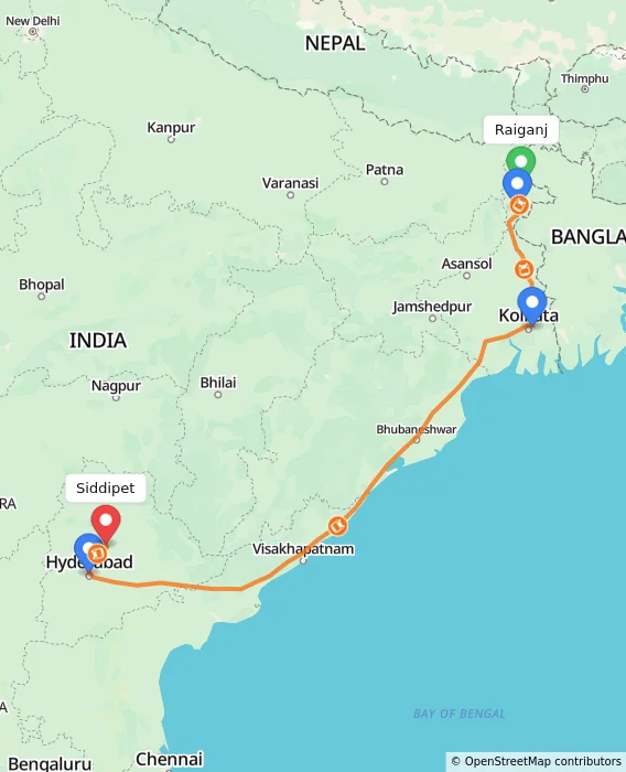 Route map showing distance and travel time from Raiganj, India to Siddipet, India