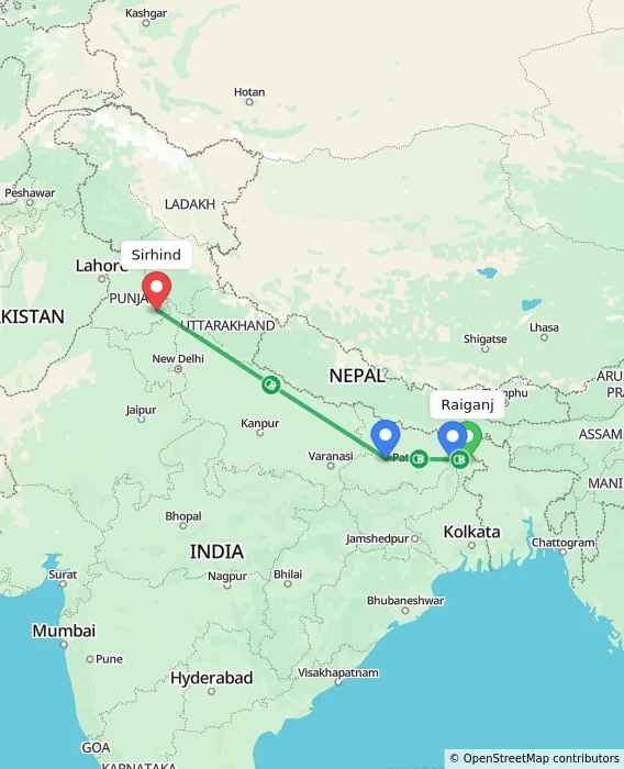 Route map showing distance and travel time from Raiganj, India to Sirhind, India