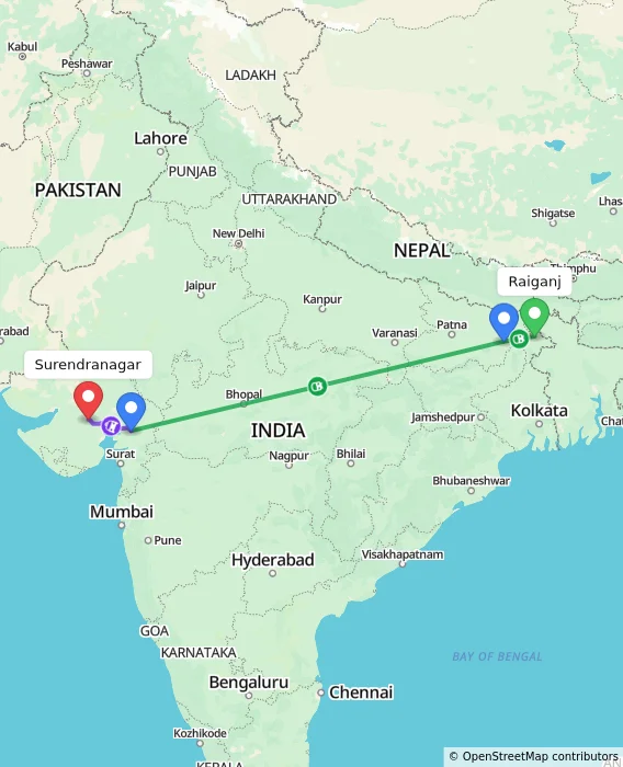 Route map showing distance and travel time from Raiganj, India to Surendranagar, India