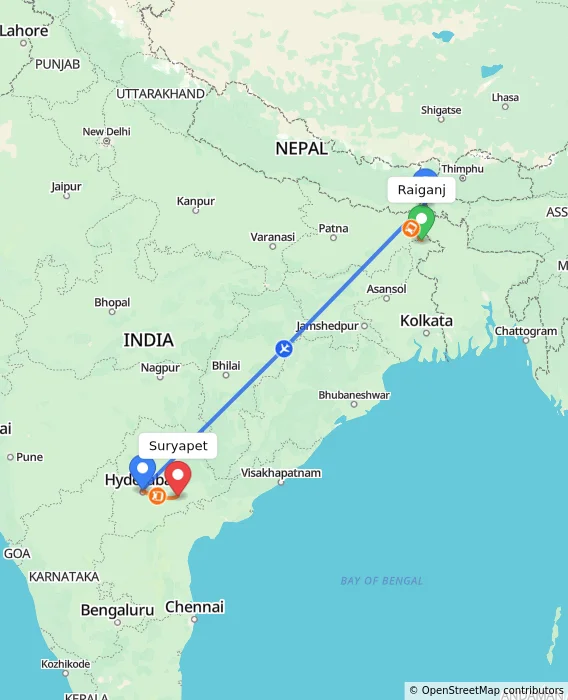 Route map showing distance and travel time from Raiganj, India to Suryapet, India