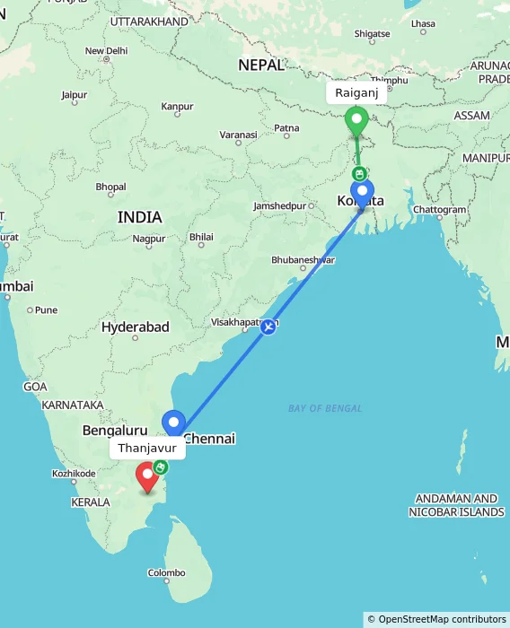 Route map showing distance and travel time from Raiganj, India to Thanjavur, India