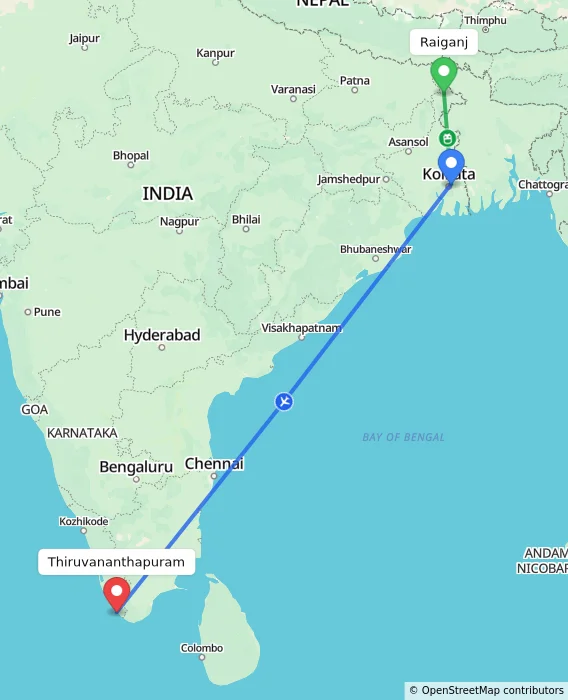 Route map showing distance and travel time from Raiganj, India to Thiruvananthapuram, India