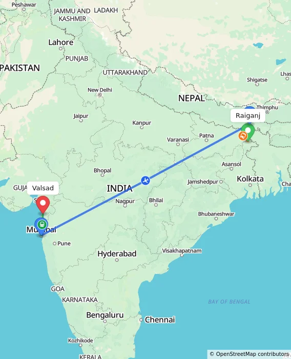 Route map showing distance and travel time from Raiganj, India to Valsad, India