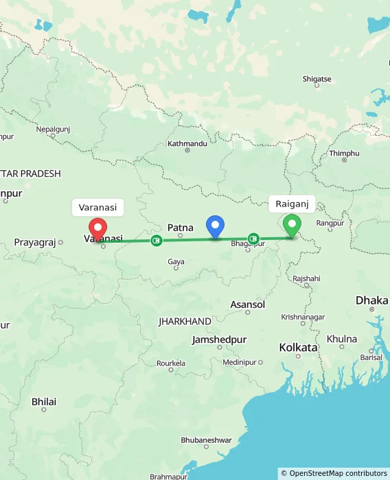 Route map showing distance and travel time from Raiganj, India to Varanasi, India