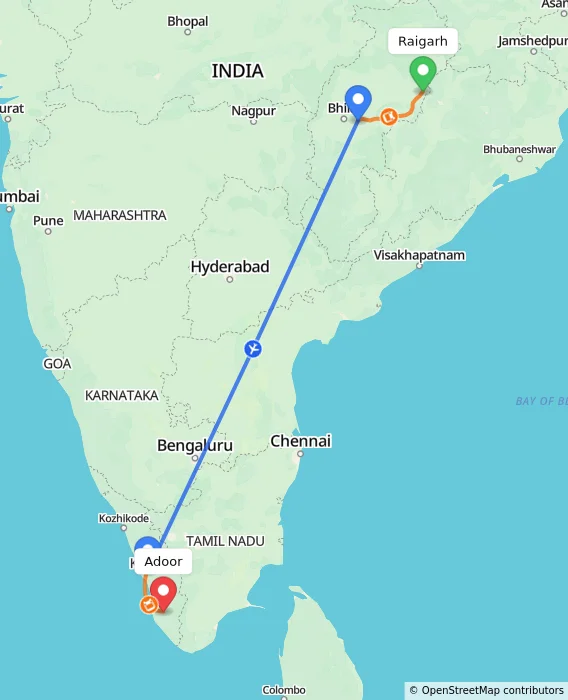 Route map showing distance and travel time from Raigarh, India to Adoor, India