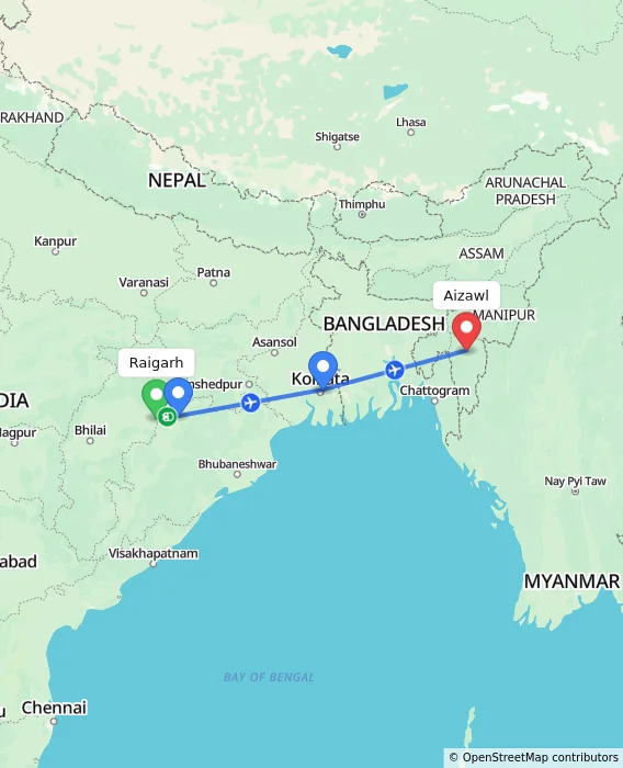 Route map showing distance and travel time from Raigarh, India to Aizawl, India