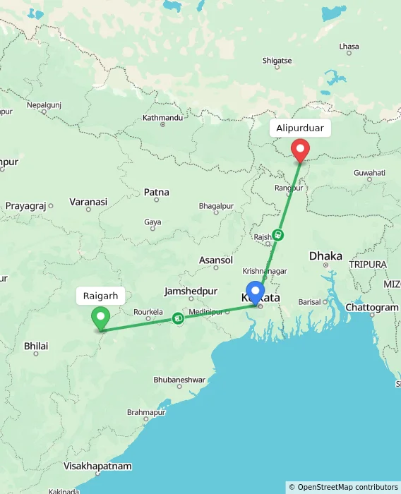 Route map showing distance and travel time from Raigarh, India to Alipurduar, India