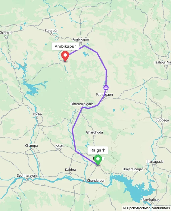 Route map showing distance and travel time from Raigarh, India to Ambikapur, India