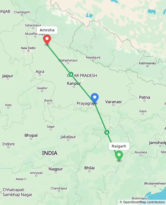 Route map showing distance and travel time from Raigarh, India to Amroha, India