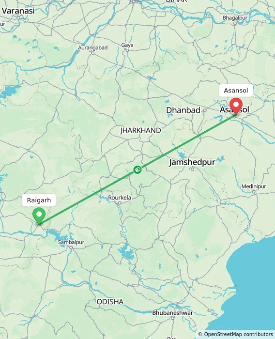 Route map showing distance and travel time from Raigarh, India to Asansol, India