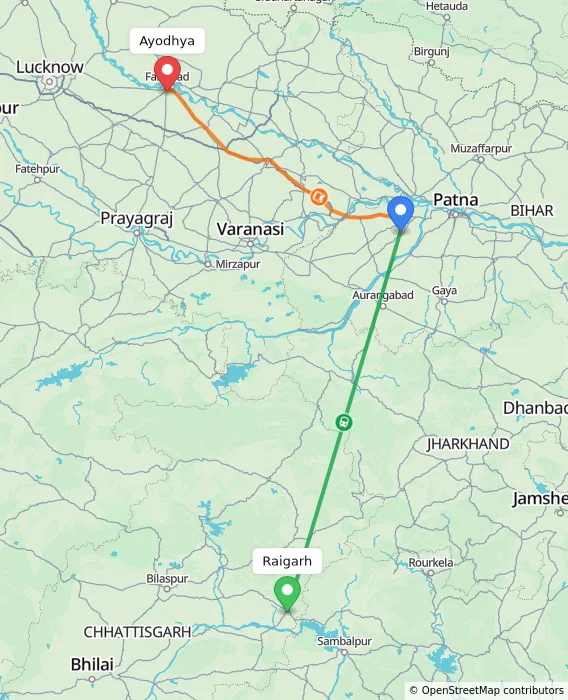 Route map showing distance and travel time from Raigarh, India to Ayodhya, India