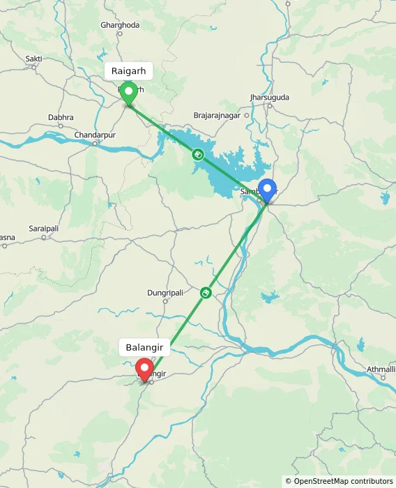 Route map showing distance and travel time from Raigarh, India to Balangir, India