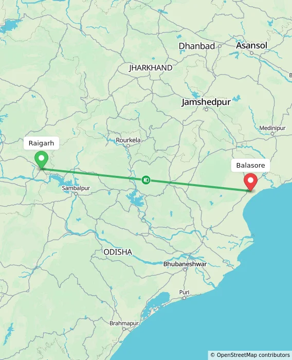 Route map showing distance and travel time from Raigarh, India to Balasore, India