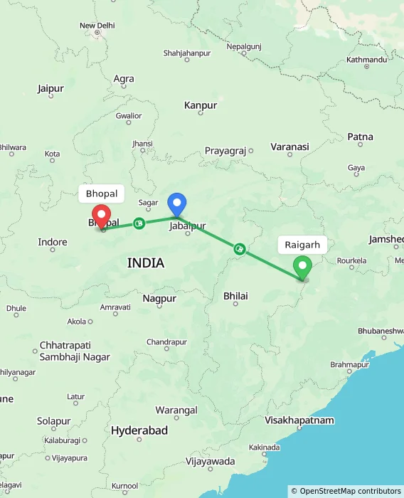 Route map showing distance and travel time from Raigarh, India to Bhopal, India