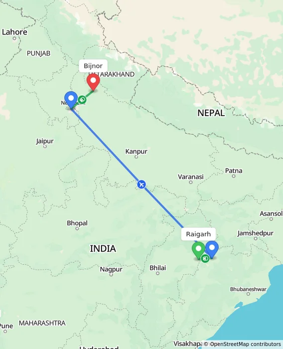 Route map showing distance and travel time from Raigarh, India to Bijnor, India