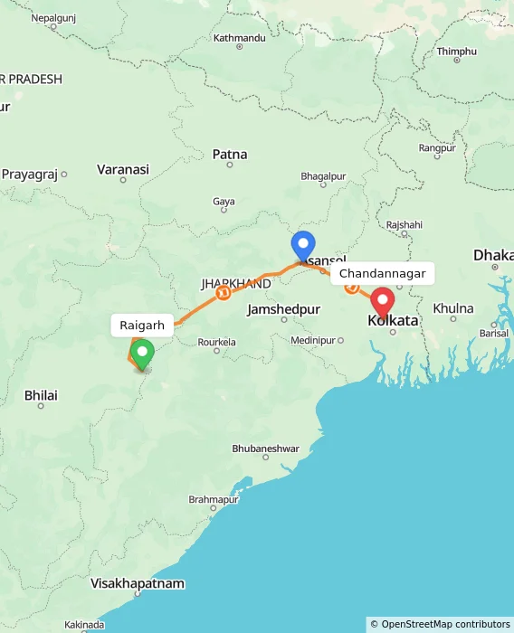Route map showing distance and travel time from Raigarh, India to Chandannagar, India