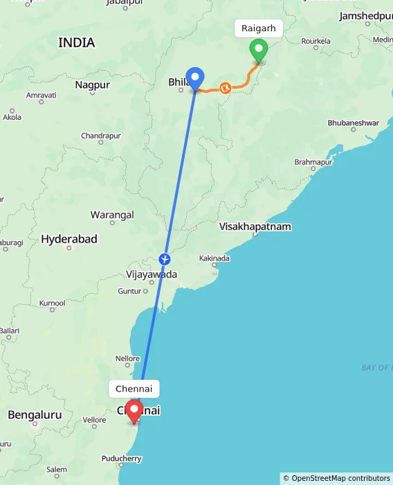 Route map showing distance and travel time from Raigarh, India to Chennai, India