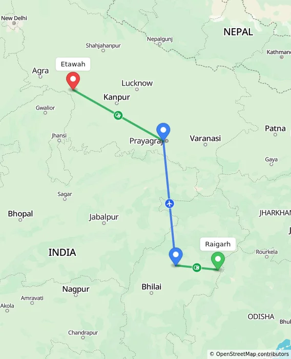 Route map showing distance and travel time from Raigarh, India to Etawah, India