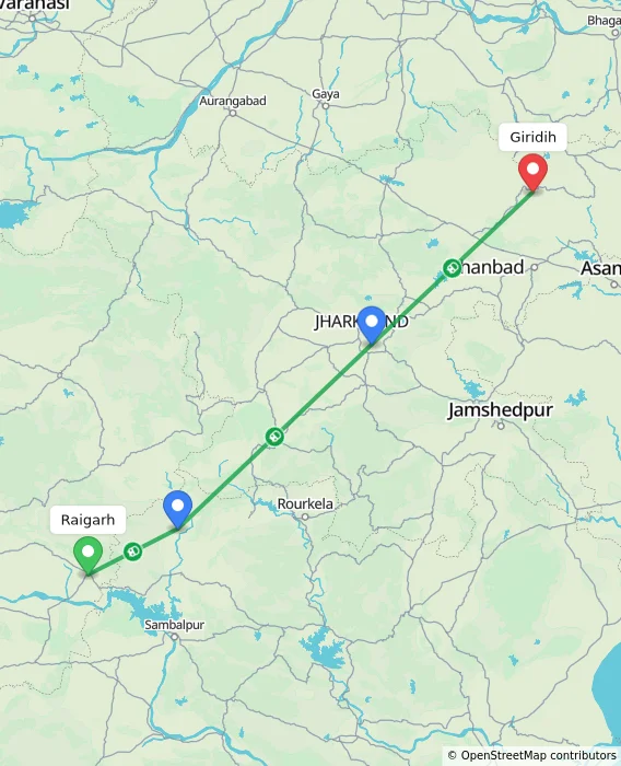 Route map showing distance and travel time from Raigarh, India to Giridih, India