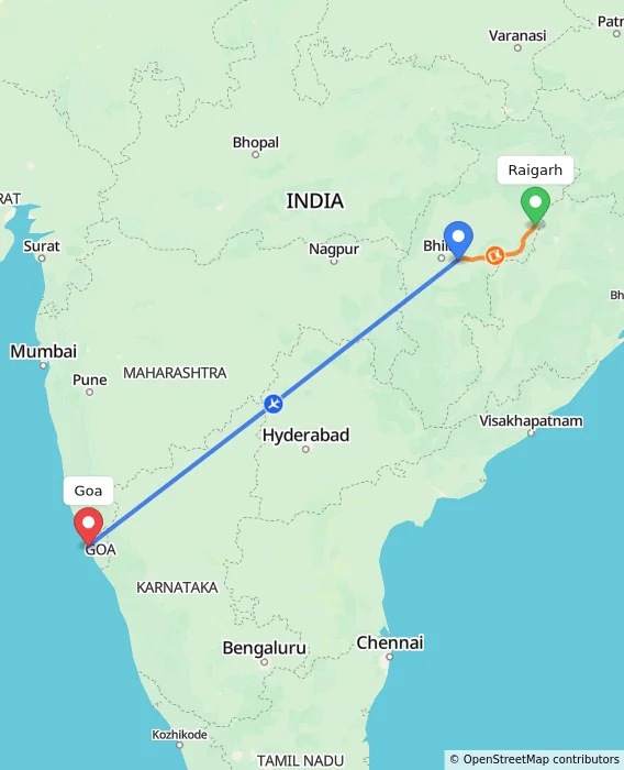 Route map showing distance and travel time from Raigarh, India to Goa, India