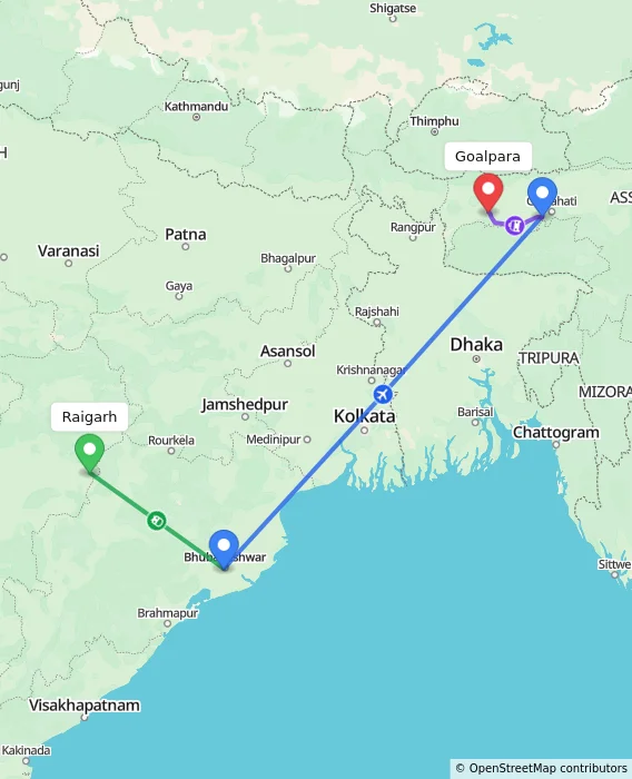 Route map showing distance and travel time from Raigarh, India to Goalpara, India