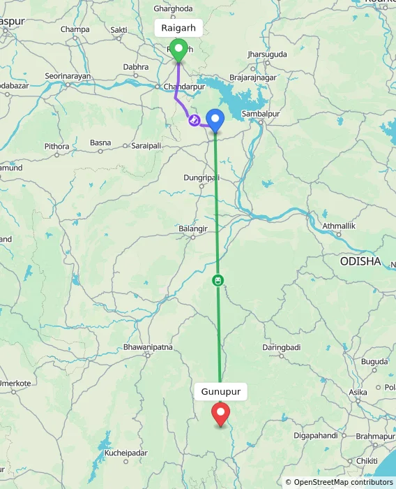 Route map showing distance and travel time from Raigarh, India to Gunupur, India