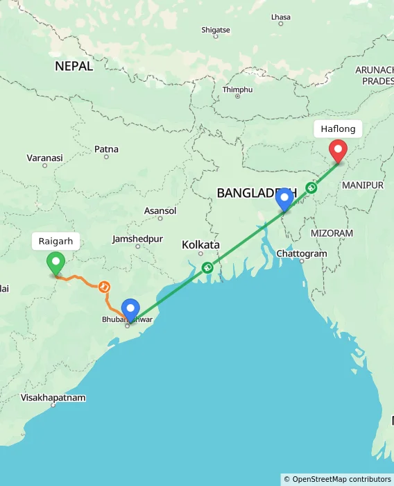 Route map showing distance and travel time from Raigarh, India to Haflong, India