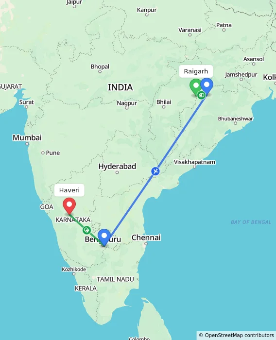 Route map showing distance and travel time from Raigarh, India to Haveri, India