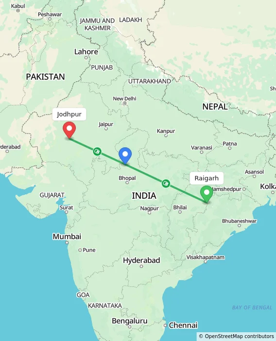 Route map showing distance and travel time from Raigarh, India to Jodhpur, India