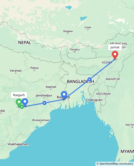 Route map showing distance and travel time from Raigarh, India to Jorhat, India