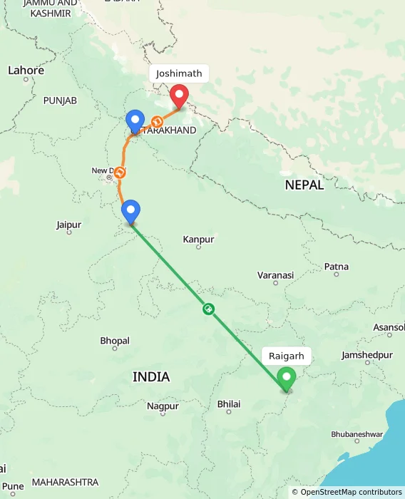 Route map showing distance and travel time from Raigarh, India to Joshimath, India