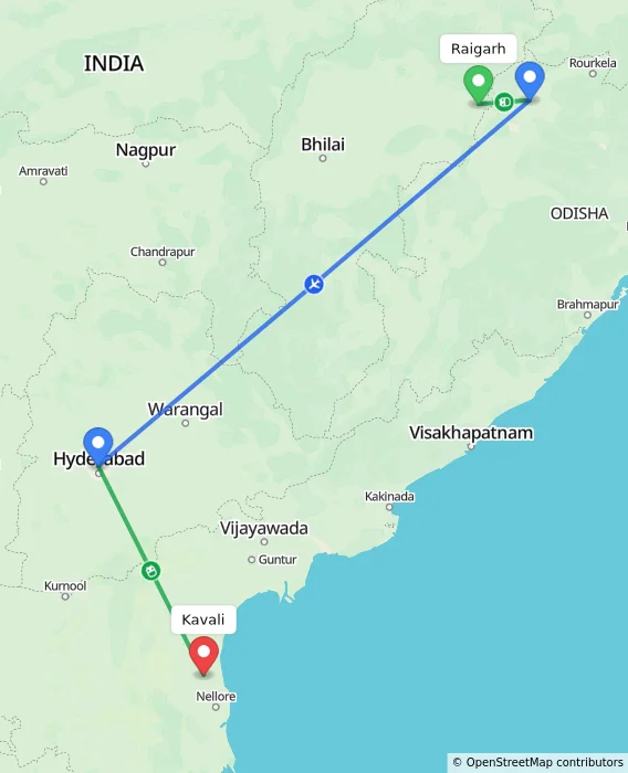 Route map showing distance and travel time from Raigarh, India to Kavali, India