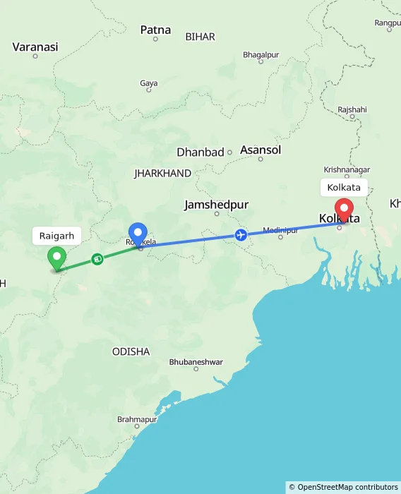 Route map showing distance and travel time from Raigarh, India to Kolkata, India