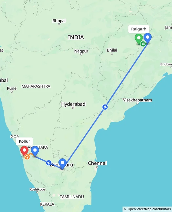Route map showing distance and travel time from Raigarh, India to Kollur, India