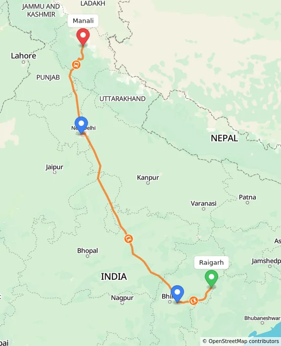 Route map showing distance and travel time from Raigarh, India to Manali, India