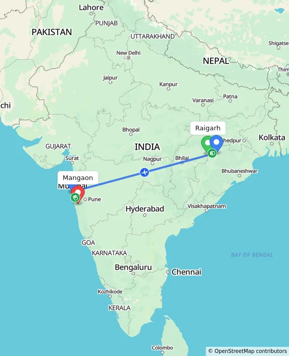 Route map showing distance and travel time from Raigarh, India to Mangaon, India