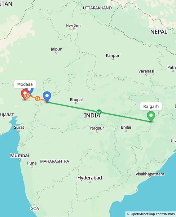 Route map showing distance and travel time from Raigarh, India to Modasa, India