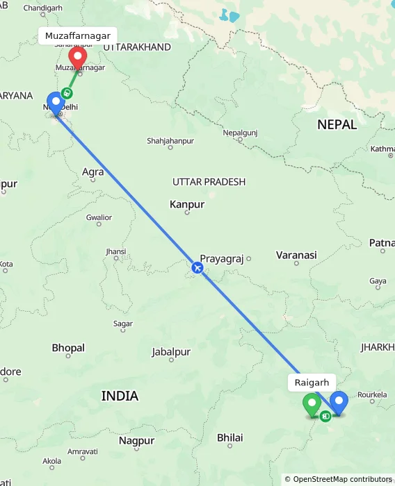 Route map showing distance and travel time from Raigarh, India to Muzaffarnagar, India
