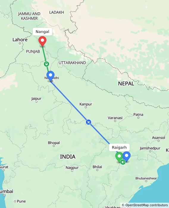 Route map showing distance and travel time from Raigarh, India to Nangal, India