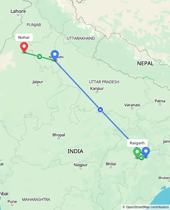 Route map showing distance and travel time from Raigarh, India to Nohar, India