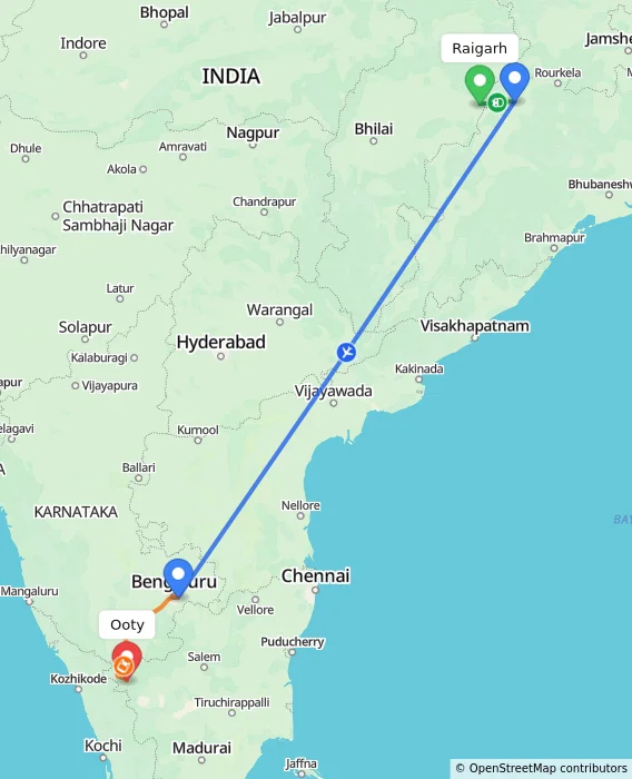 Route map showing distance and travel time from Raigarh, India to Ooty, India