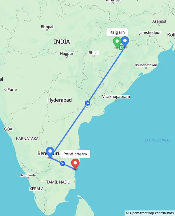 Route map showing distance and travel time from Raigarh, India to Pondicherry, India