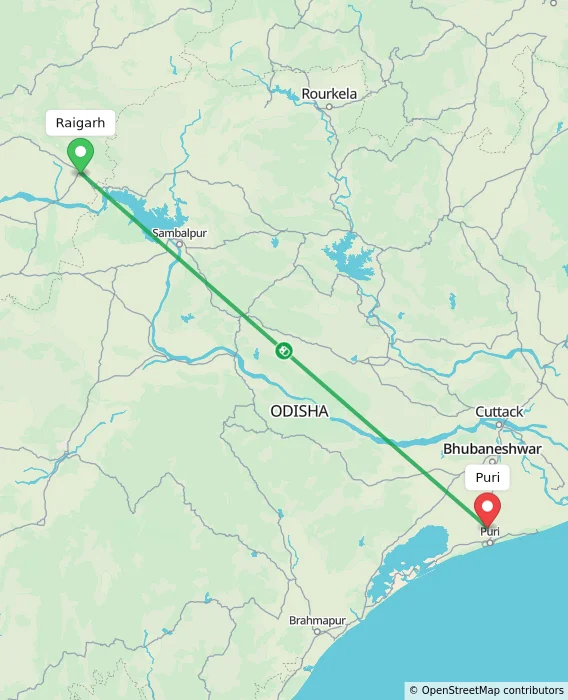 Route map showing distance and travel time from Raigarh, India to Puri, India