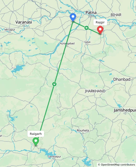 Route map showing distance and travel time from Raigarh, India to Rajgir, India