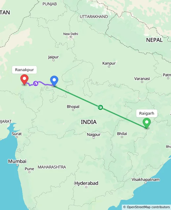 Route map showing distance and travel time from Raigarh, India to Ranakpur, India