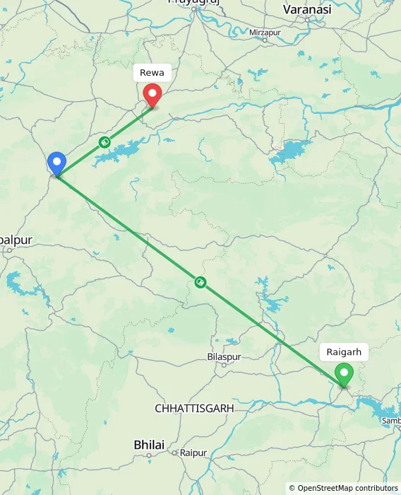 Route map showing distance and travel time from Raigarh, India to Rewa, India