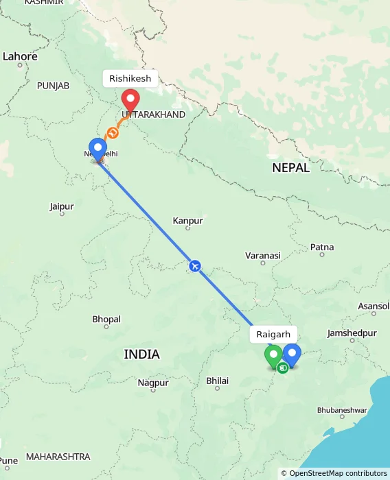 Route map showing distance and travel time from Raigarh, India to Rishikesh, India