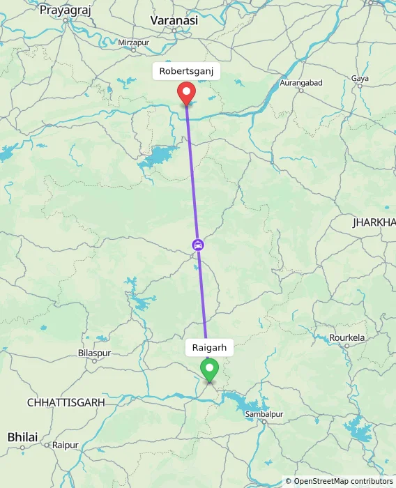 Route map showing distance and travel time from Raigarh, India to Robertsganj, India