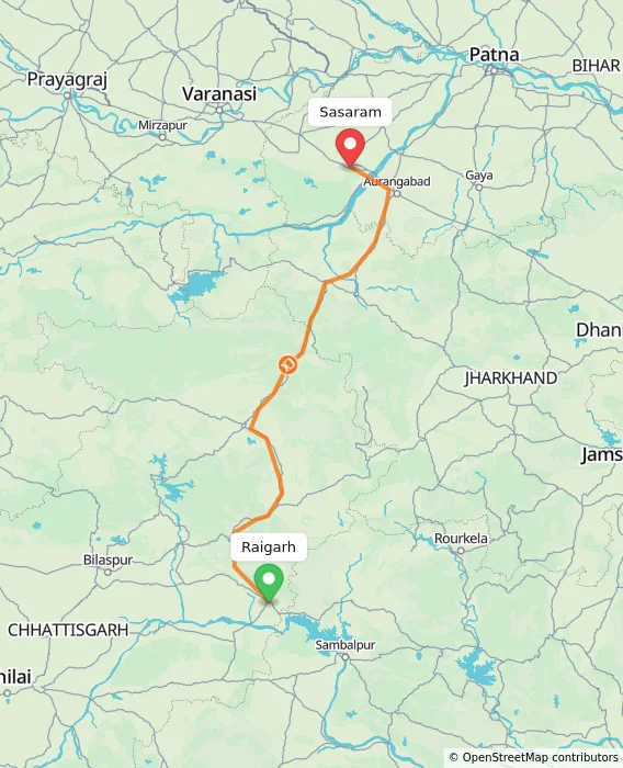 Route map showing distance and travel time from Raigarh, India to Sasaram, India