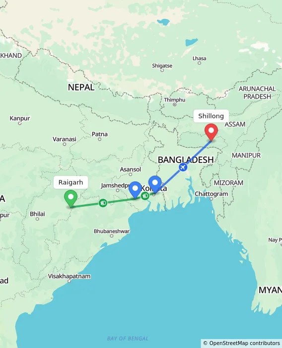 Route map showing distance and travel time from Raigarh, India to Shillong, India